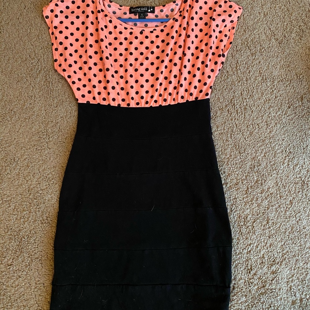 S pink and black polka dot dress